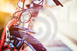 Bike in the city: Front picture of a city bike, blurred background