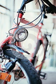 Bike in the city: Front picture of a city bike, blurred background