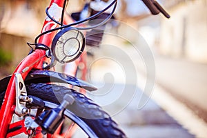 Bike in the city: Front picture of a city bike, blurred background