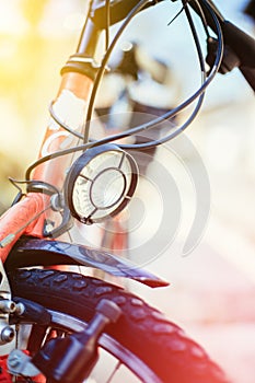 Bike in the city: Front picture of a city bike, blurred background