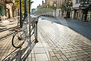 Bike on city street with empty road
