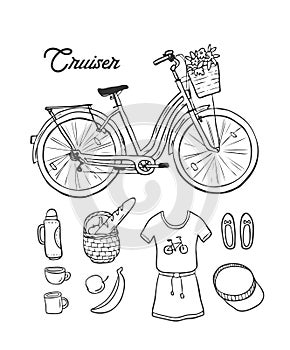 Bike cruiser illustration. Hand drawn  illustration with city women`s bicycle.