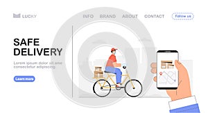 Bike delivery and courier service concept, delivery man rides a bicycle with delivery box, hand holding a phone with