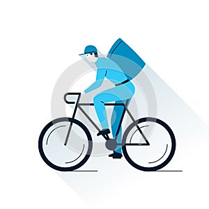 Bike delivery flat illustration. Courier delivery man on bicycle with parcel box on the back. Vector illustration of a city bike