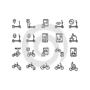 Bike and electric scooter sharing flat line icons set. Urban transportation, rental, sharing service, parking, eco transport,