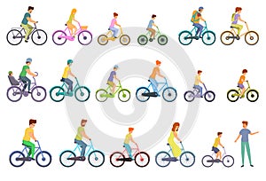 Bike family icons set, cartoon style