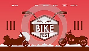 Bike fest website design, vector illustration. Landing page template for motorcycle riders festival, bikers band party