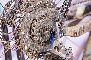 Bike gears with chain (selective focus). Dirty close up of bicycle gear with details, chain and gearshift mechanism..