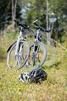 Bike helmets in the grass, bike tour