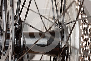 Bike hub of rear wheel, close up view, studio photo.