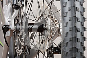 Bike hub of rear wheel, close up view, studio photo.