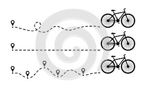 Bike icon dotted line path with start point. Set of bicycle way trace with location or map pins and dotted route. Vector