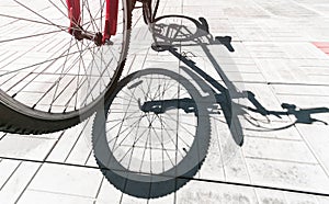 The bike and its shadow on the paving slab. Side view
