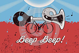 Bike with klaxon. Retro grunge poster. Vector illustration. photo