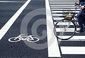 Bike lane Crossing street with People ride bicycle Traffic signage