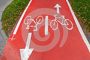 bike lane or red road with signs of bicycles