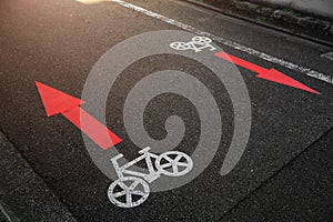 bike lane two ways sign direction arrow symbol paint on asphalt road in japan city metro