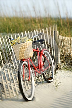 Bike leaning against fence at beach.