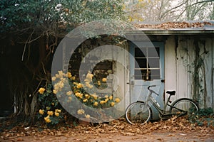 a bike leaning against a house with yellow flowers in front of it