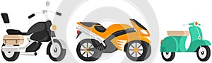 Bike and motorbike flat vector transport set. Motorcycle and scooter, bike and moped, motor bicycle