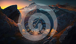 Bike on mountain trail at sunset, sports bicycle in rocky landscape, generative AI