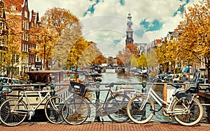 Bike over canal Amsterdam city picturesque town