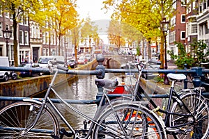 Bike over canal Amsterdam city picturesque town