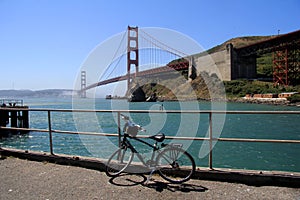 Bike parked bisides Golden gate bridge, San Francisco, California, USA
