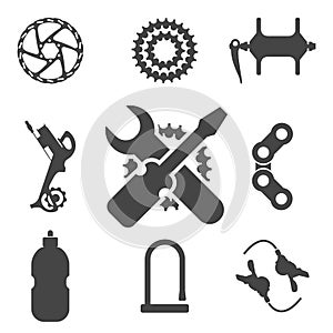 Bike Parts, Accessories, Repair and Maintenance Vector Silhouette Icon Set photo