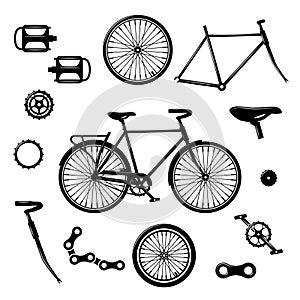 Bike parts. Bicycle equipment and components isolated vector set