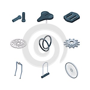 Bike parts. Bicycles components mechanical saddle fork crank seat hub vector isometric icons collection