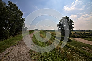 Bike path on an enbankment in the middle of the fields in the italian countryside in summer
