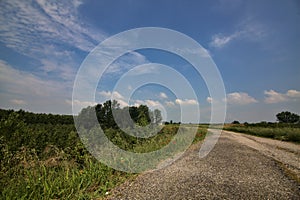 Bike path on an enbankment in the middle of the fields in the italian countryside in summer