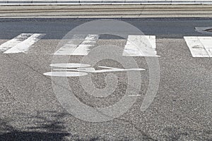 Bike path sign on the road. Close up bicycle paint on road, transport sign in white.