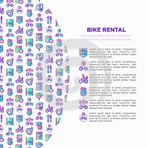 Bike rental concept with thin line icons: rates, bicycle tours, pet trailer, padlock, helmet, child seat, sharing, pointer,