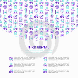 Bike rental concept with thin line icons: rates, bicycle tours, pet trailer, padlock, helmet, child seat, sharing, pointer,