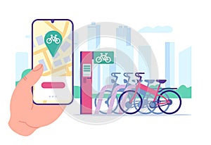 Bike rental service. Transport rent station. Mobile application. Urban transportation. Smartphone in hand. Bike parking