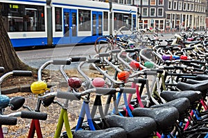 A bike rental station on a rainy day in Amsterdam