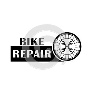 Bike repair logo design with bicycle wheel, wrench and text inscription. Isolated vector illustration.