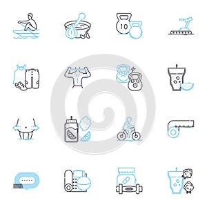 Bike ride linear icons set. Pedaling, Speeding, Adventure, Freedom, Outdoors, Uphill, Downhill line vector and concept