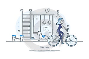 Bike ride, young woman riding bicycle web banner. Female cyclist riding on city street. Eco friendly transport, healthy lifestyle