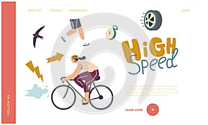 Bike Rider Speed Race Landing Page Template. Cyclist Sportswoman Riding Bike Outdoors in Summer Day. Bicycle Sport Life