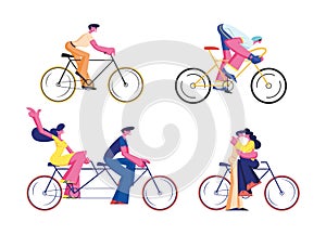 Bike Riders Set Isolated on White Background. Cyclist Sportsman in Sportswear Racing, People Driving Tandem Bicycle