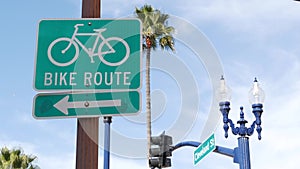 Bike Route green road sign in California, USA. Bicycle lane singpost. Bikeway in Oceanside pacific tourist resort. Cycleway