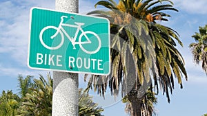 Bike Route green road sign in California, USA. Bicycle lane singpost. Bikeway in Oceanside pacific tourist resort. Cycleway