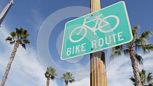 Bike Route green road sign in California, USA. Bicycle lane singpost. Bikeway in Oceanside pacific tourist resort. Cycleway