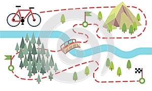 Bike route map. Cycling trip road, country path. Bike adventure tour vector map