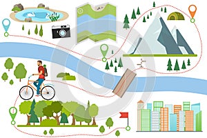 Bike route map. Riding a bike on a various outdoor locations, adventure and vacation travel on a bicycle, lifestyle activity with