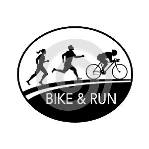 Bike and Run Marathon Runner Oval Retro Black and White