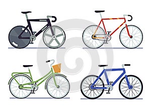 Bike set. Extreme sports and roadbike, cruising and dutch side view bikes collection, walking modern urban vehicle